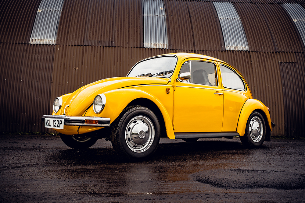 Bright yellow Volkswagen Beetle on sale at Morris Leslie Auctions in February 2026